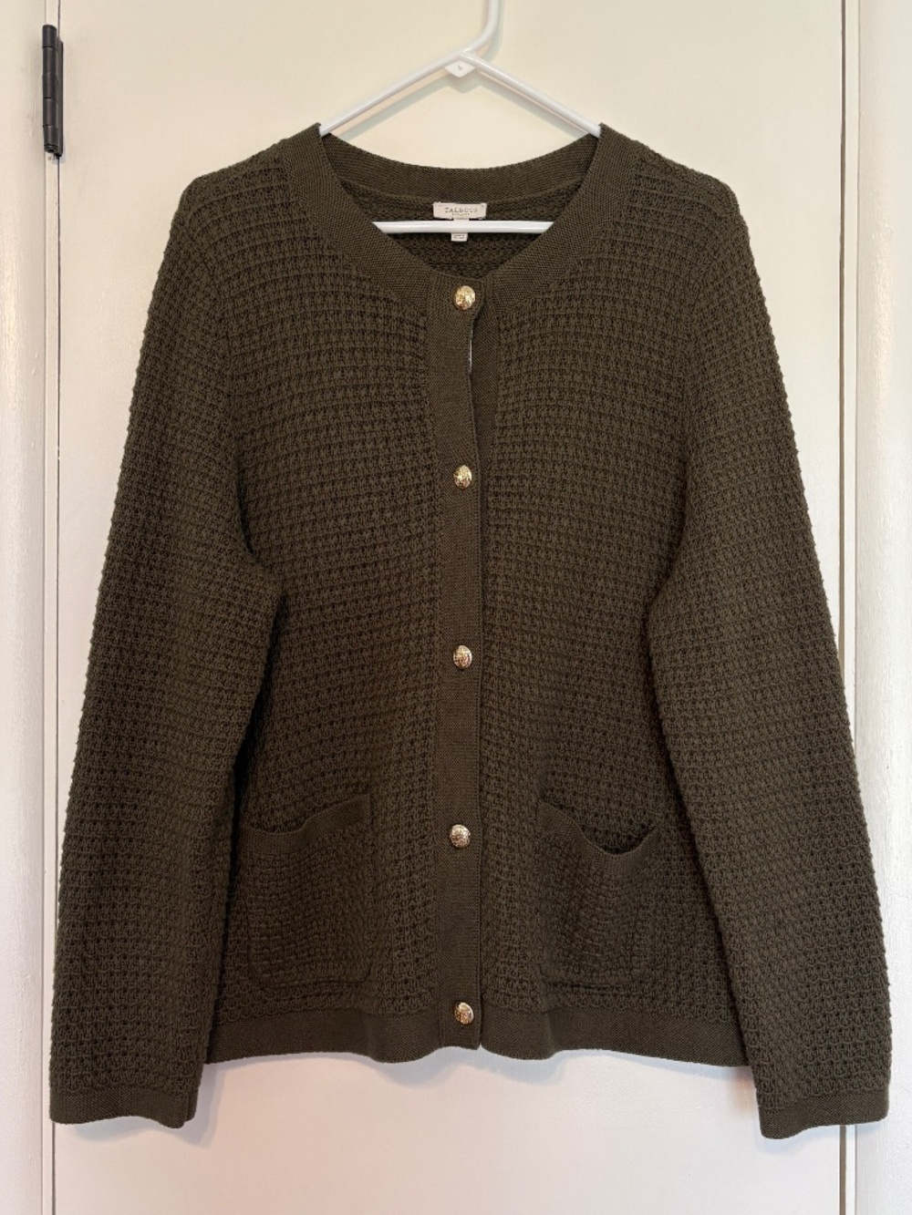 Talbots Olive Waffle-Knit Button Cardigan with Gold Buttons